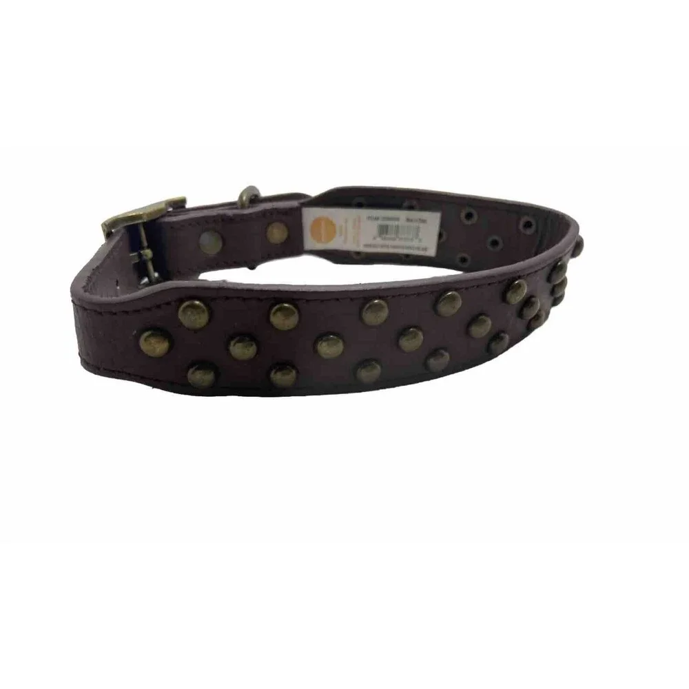 Simply Dog Medium Brown Faux Leather Brass Studded Collar Adjustable Light Use